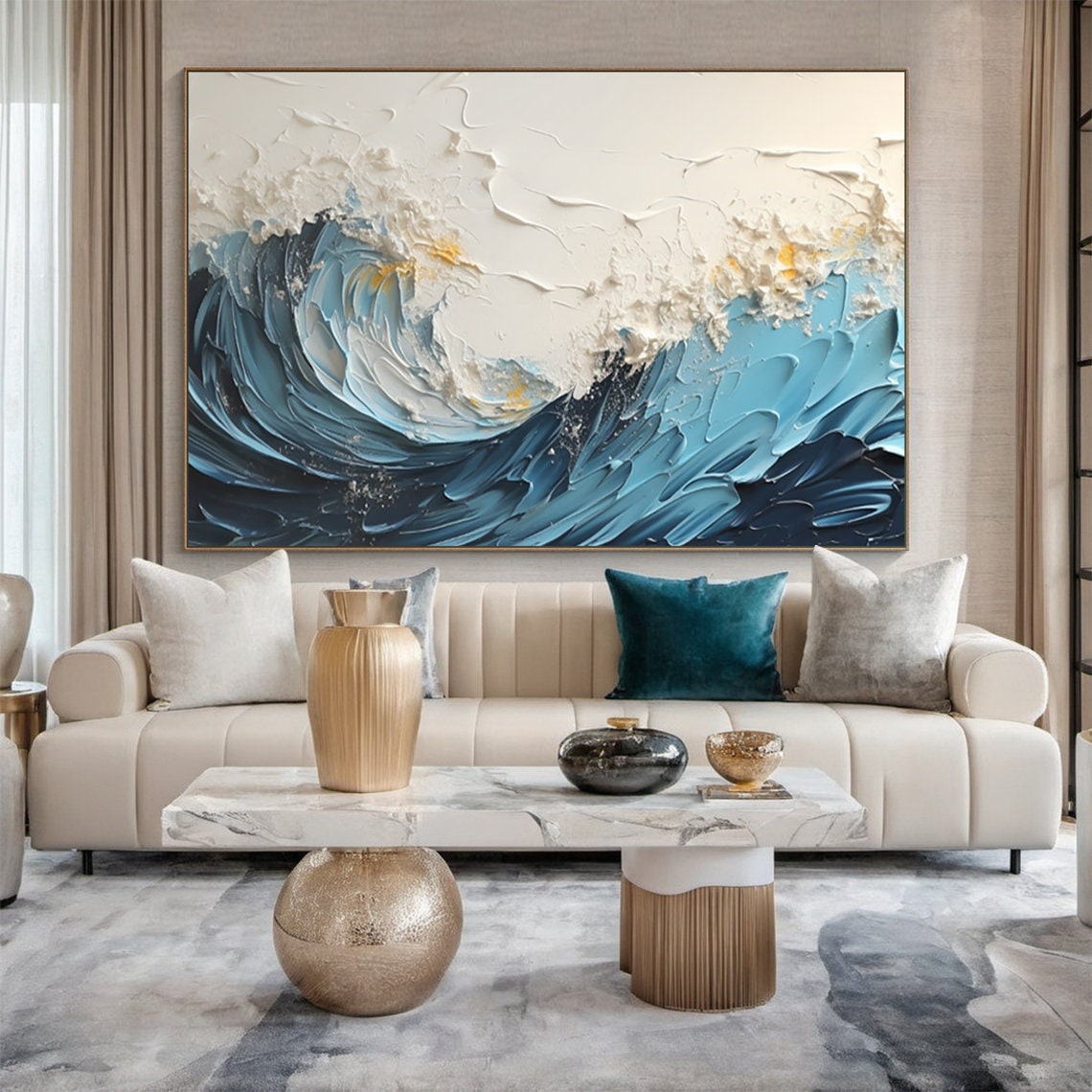 Blue Ocean Wave Impasto Texture Abstract Seascape Canvas Poster - Image 2
