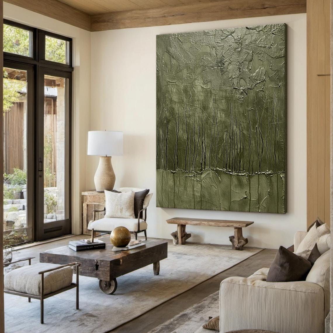 Olive Green Drip Texture Forest Rain Abstract Vertical Wall Art - Image 3