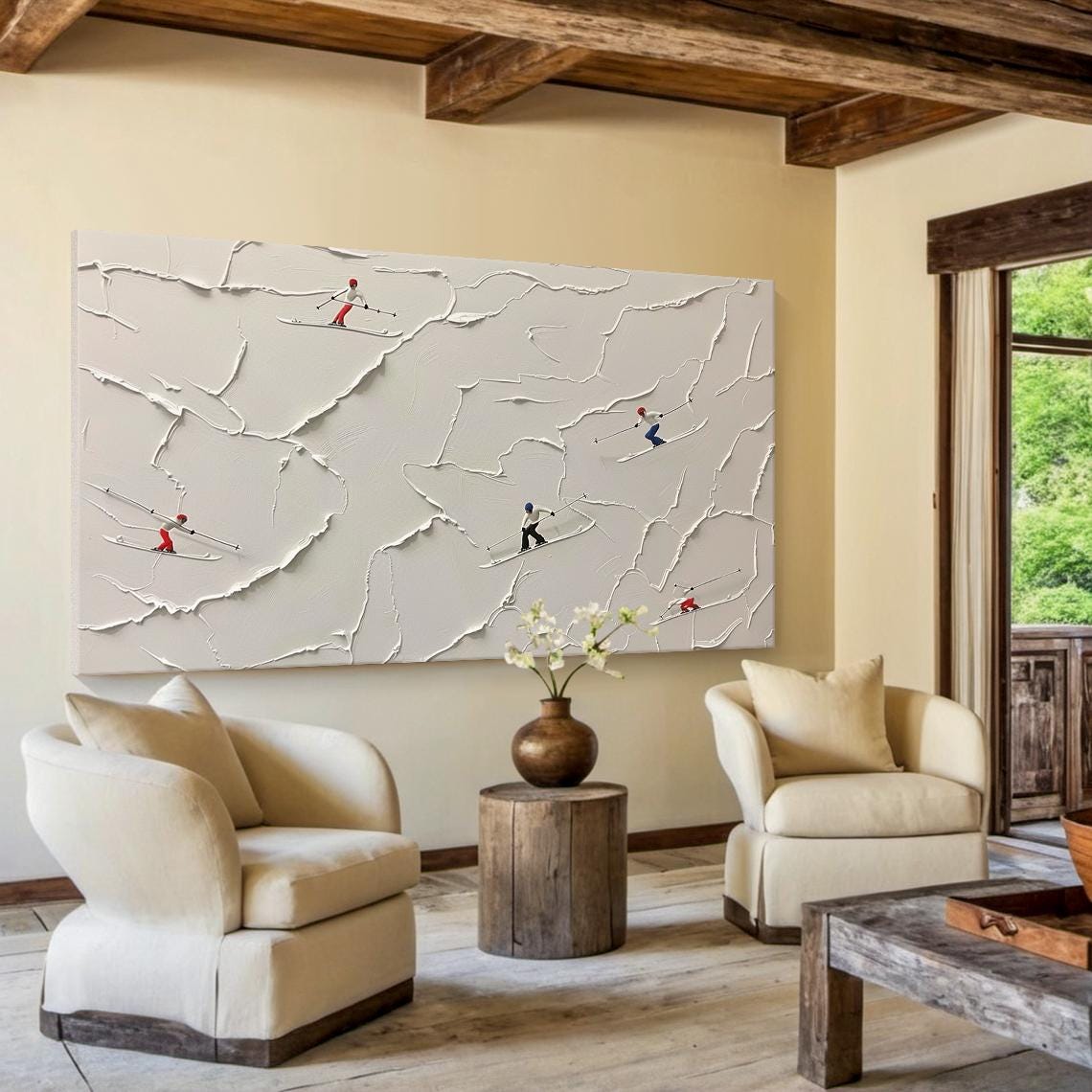 3d Beige Snow Field Ski Hand Drawing Original Skier Gift Beige Abstract Ski Art Modern Living Room Wall Decor - Image 3