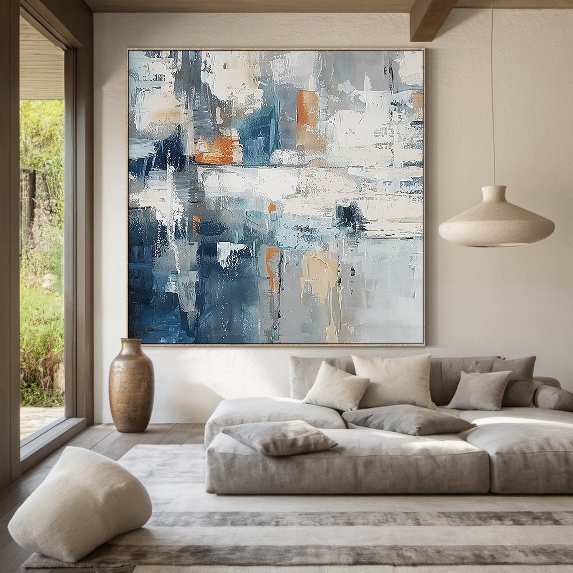Blue Grey Abstract With Terracotta Blocks Textured Modern Poster - Image 4