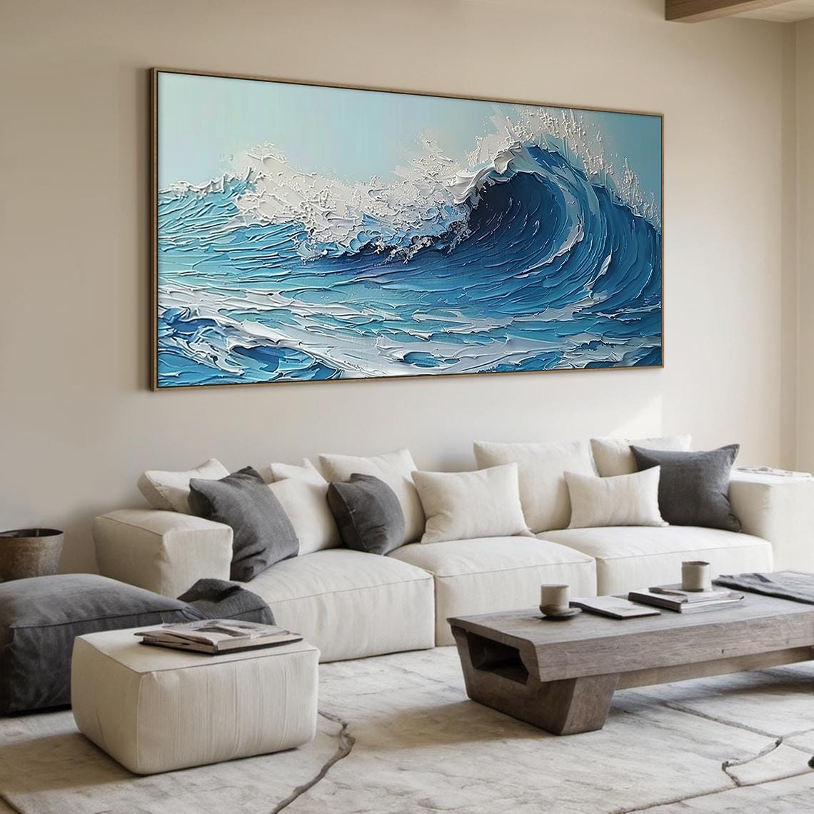 Deep Blue Barrel Wave Impasto Textured Powerful Ocean Wall Art - Image 4