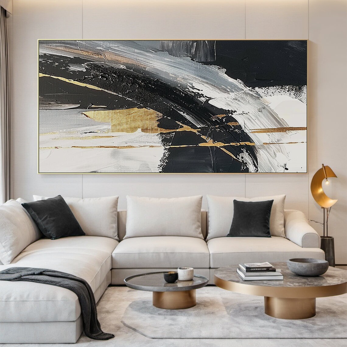 Black and White Abstract Oil Painting, Office Art Print - Image 4