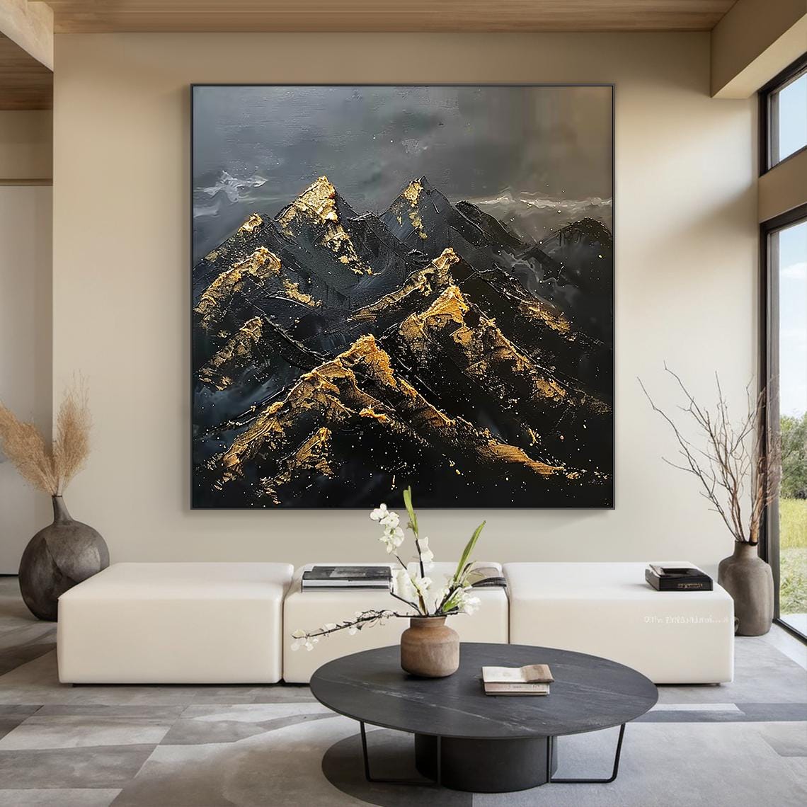 Large Black Abstract Mountains Oil Painting Gold Texture Painting Mountains Sunrise Landscape Painting Modern Nature Wall Decor - Image 6