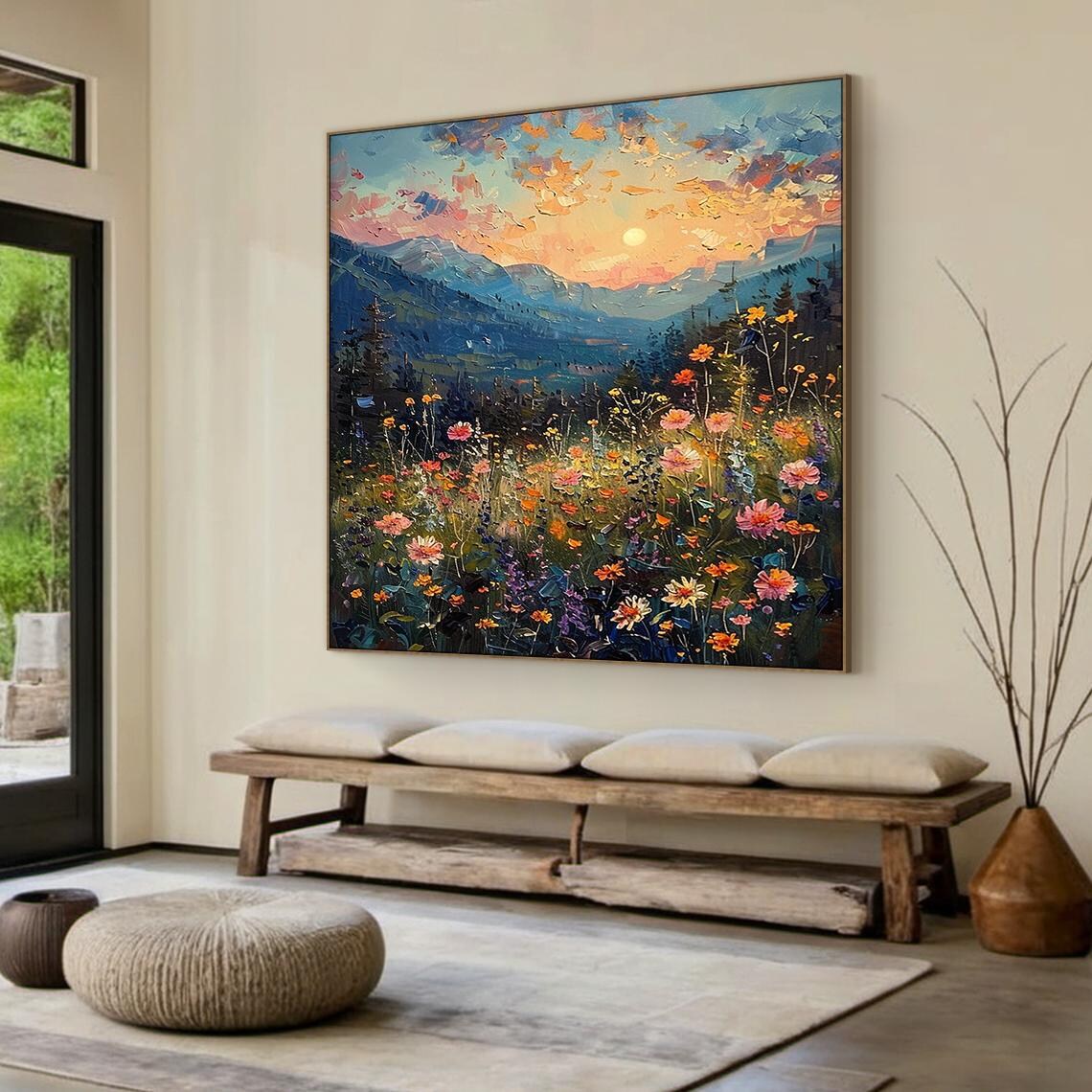 Sunset Mountain Wildflower Meadow Landscape Painting Floral Art Poster - Image 2