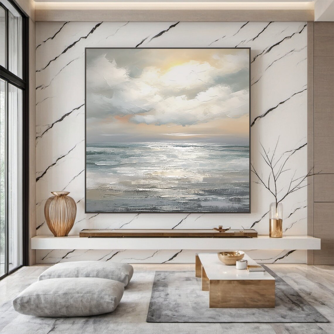 Golden Clouds Grey Teal Ocean Sunset Seascape Abstract Painting Poster - Image 6