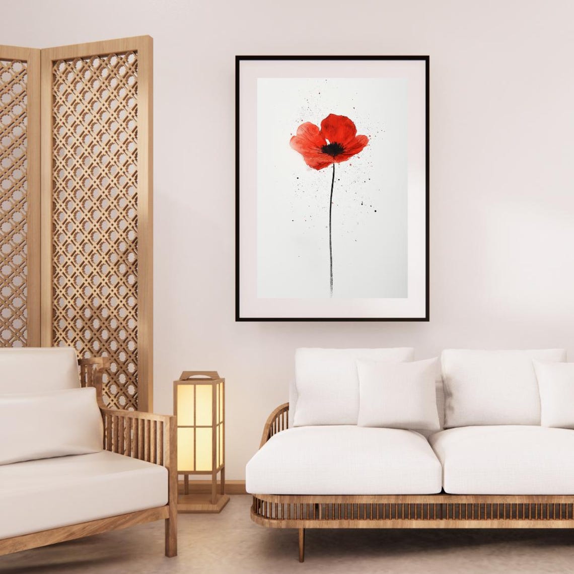 Single Red Poppy Watercolor Splash On White Minimalist Poster - Image 3