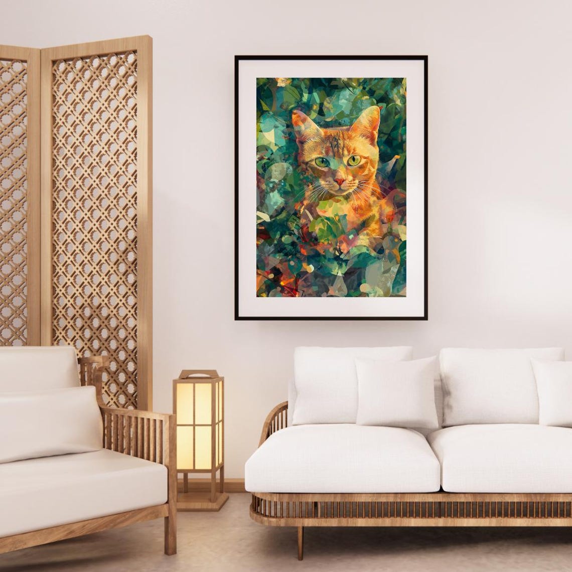 Ginger Cat Portrait In Colorful Geometric Leaf Painting Poster - Image 3