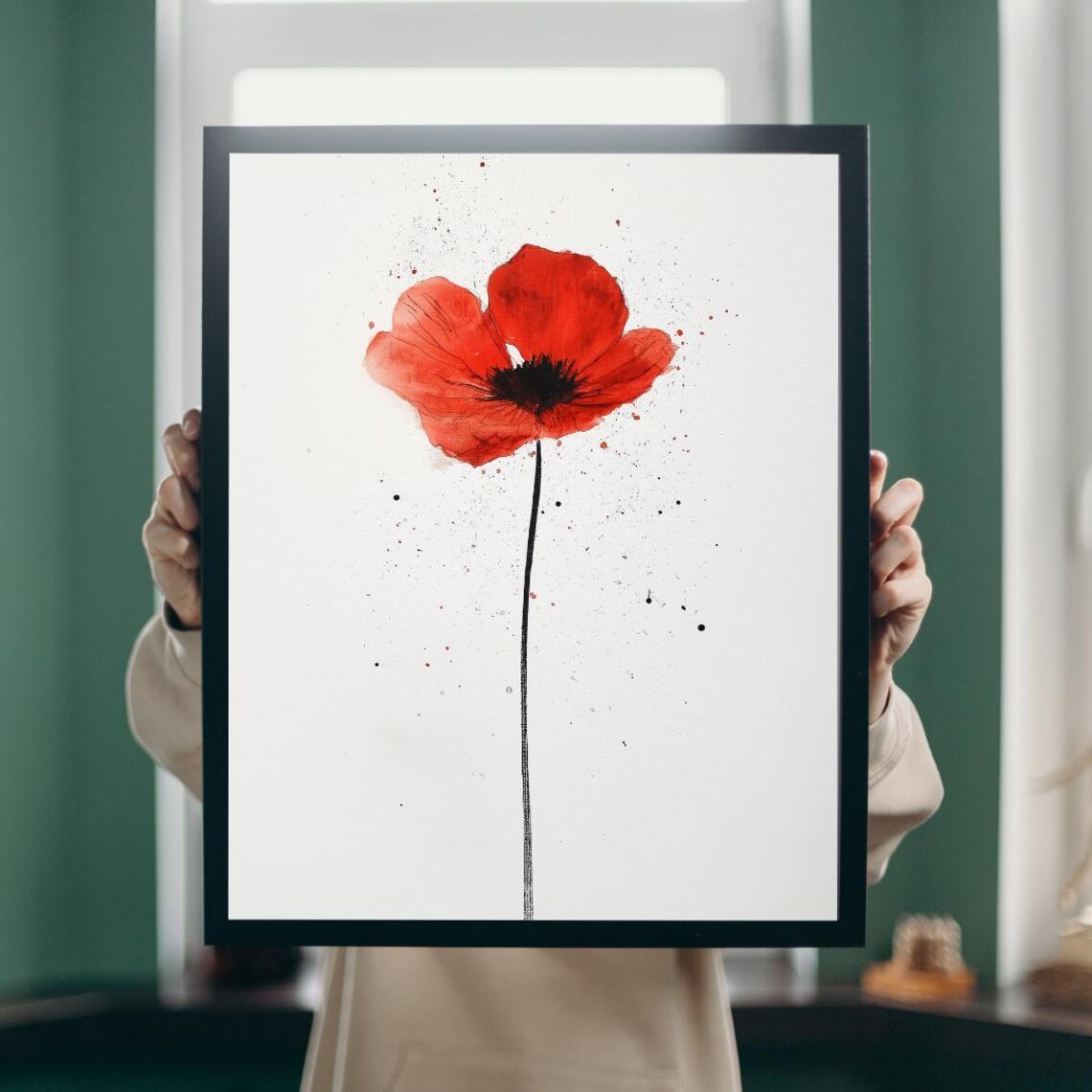 Single Red Poppy Watercolor Splash On White Minimalist Poster - Image 5