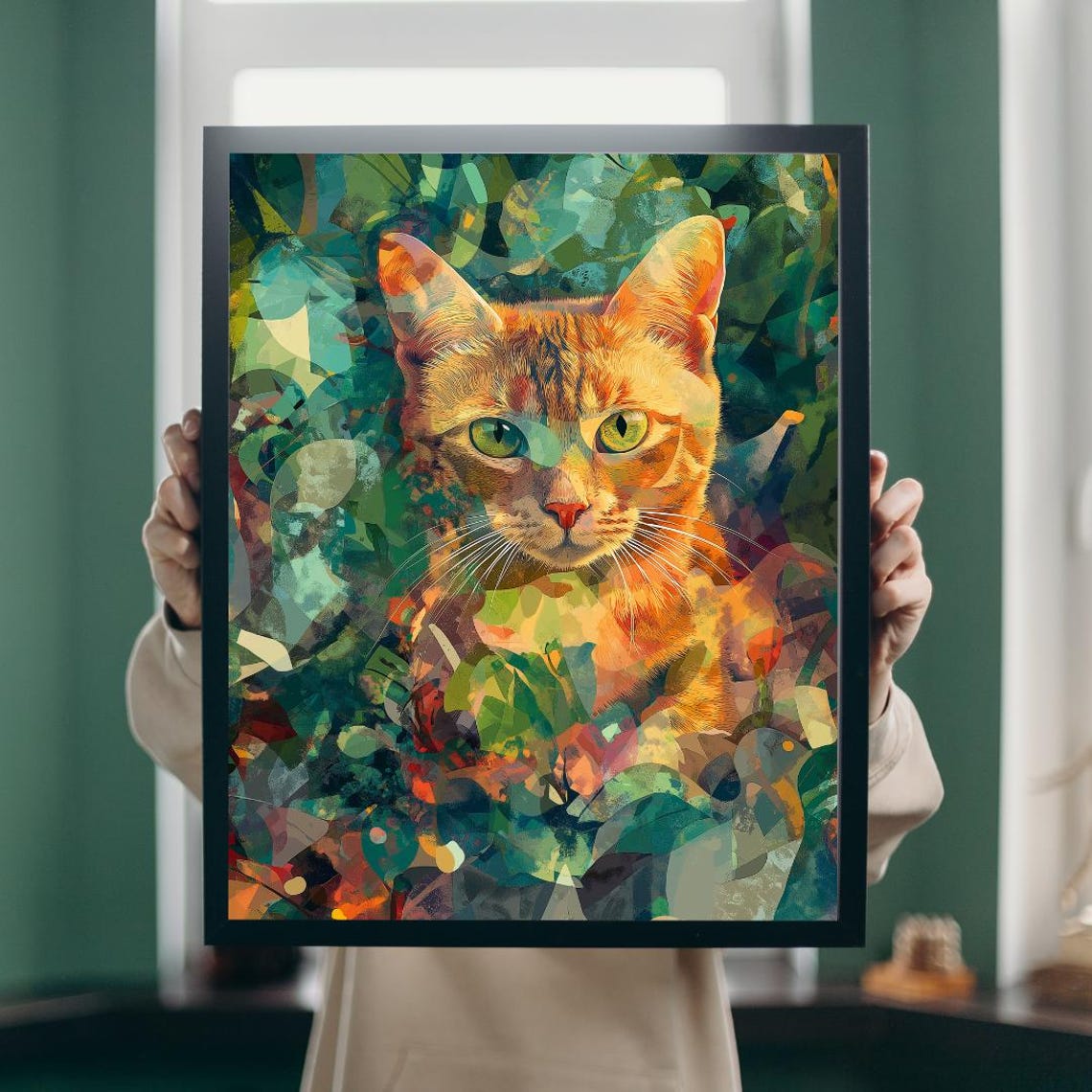 Ginger Cat Portrait In Colorful Geometric Leaf Painting Poster - Image 5