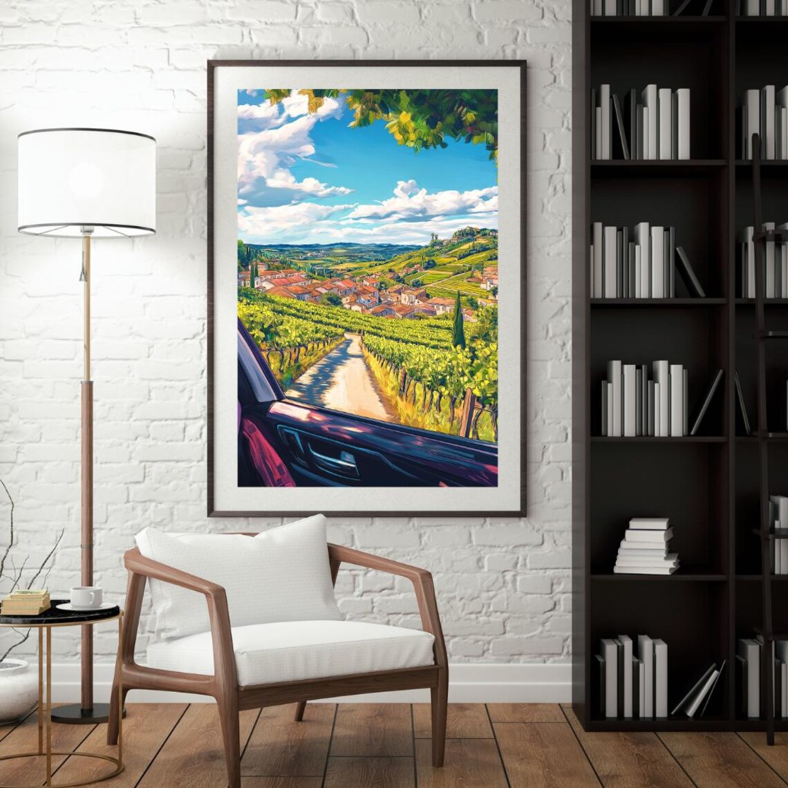 Car Window View Of Vineyard Path Toward Village Under Clouds Poster - Image 4