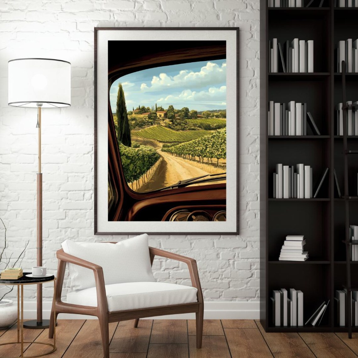 Vintage Car Window View Of Tuscan Vineyard Road Illustrated Poster - Image 4