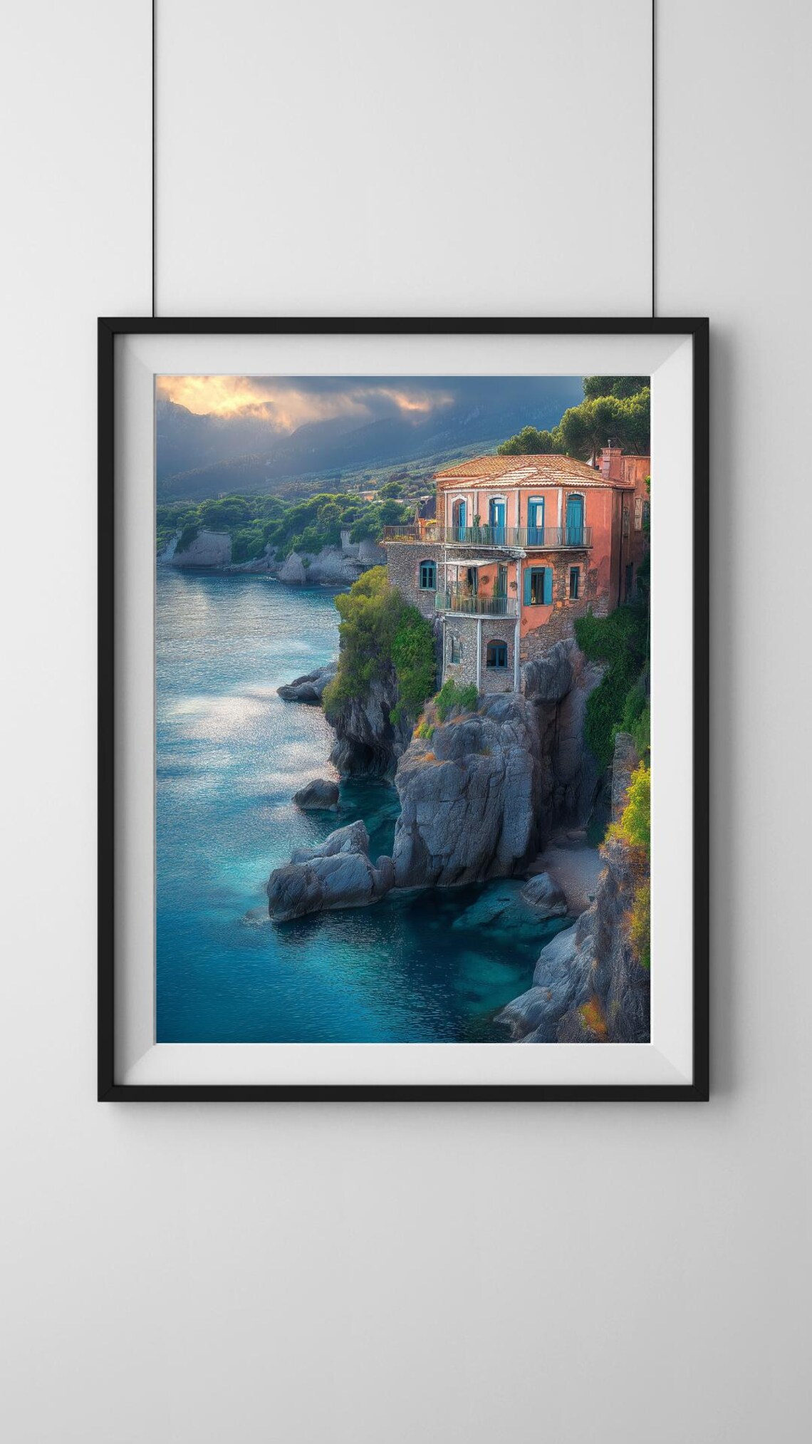 Sunset Cliffside Villa Above Turquoise Sea With Rocky Cove Poster