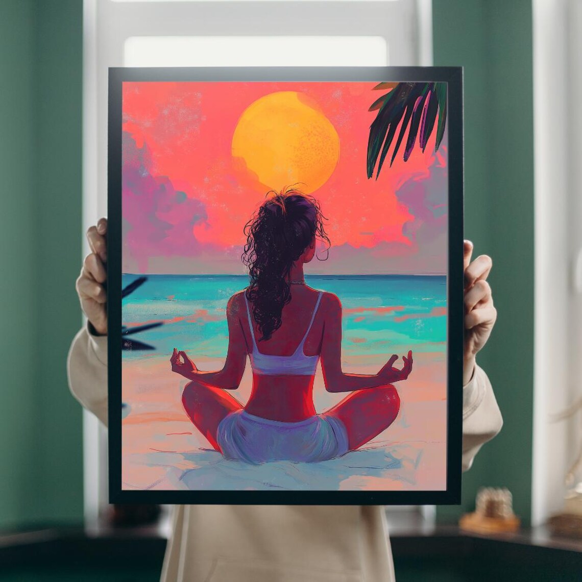Woman Meditating Facing Giant Sunset Over Ocean Illustrated Poster - Image 5
