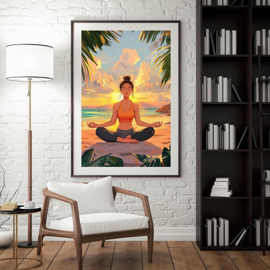 Woman Meditating On Beach At Sunrise Anime Style Yoga Art Poster - Image 4