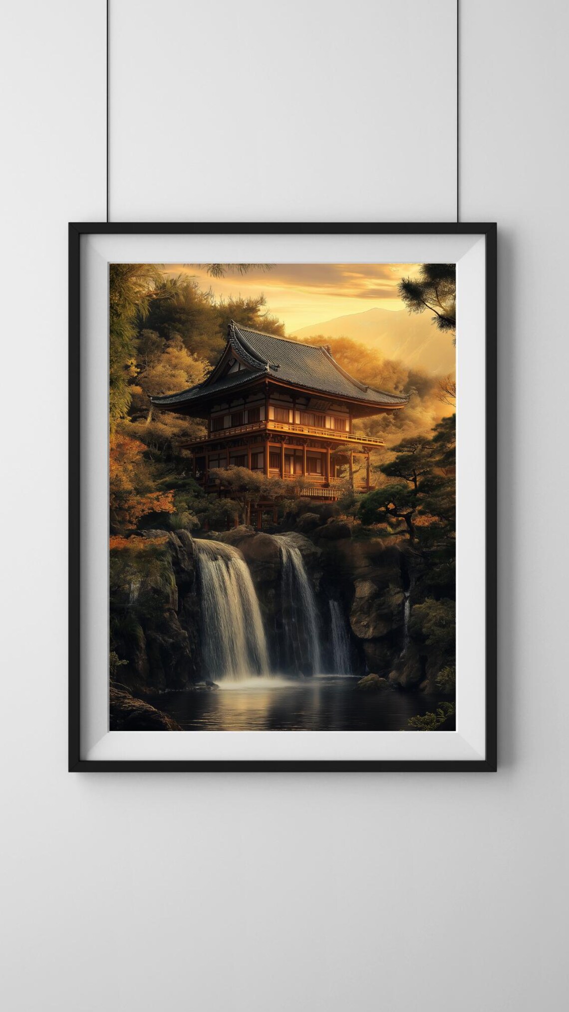 Golden Sunset Waterfall Temple In Japanese Forest Mountains Poster