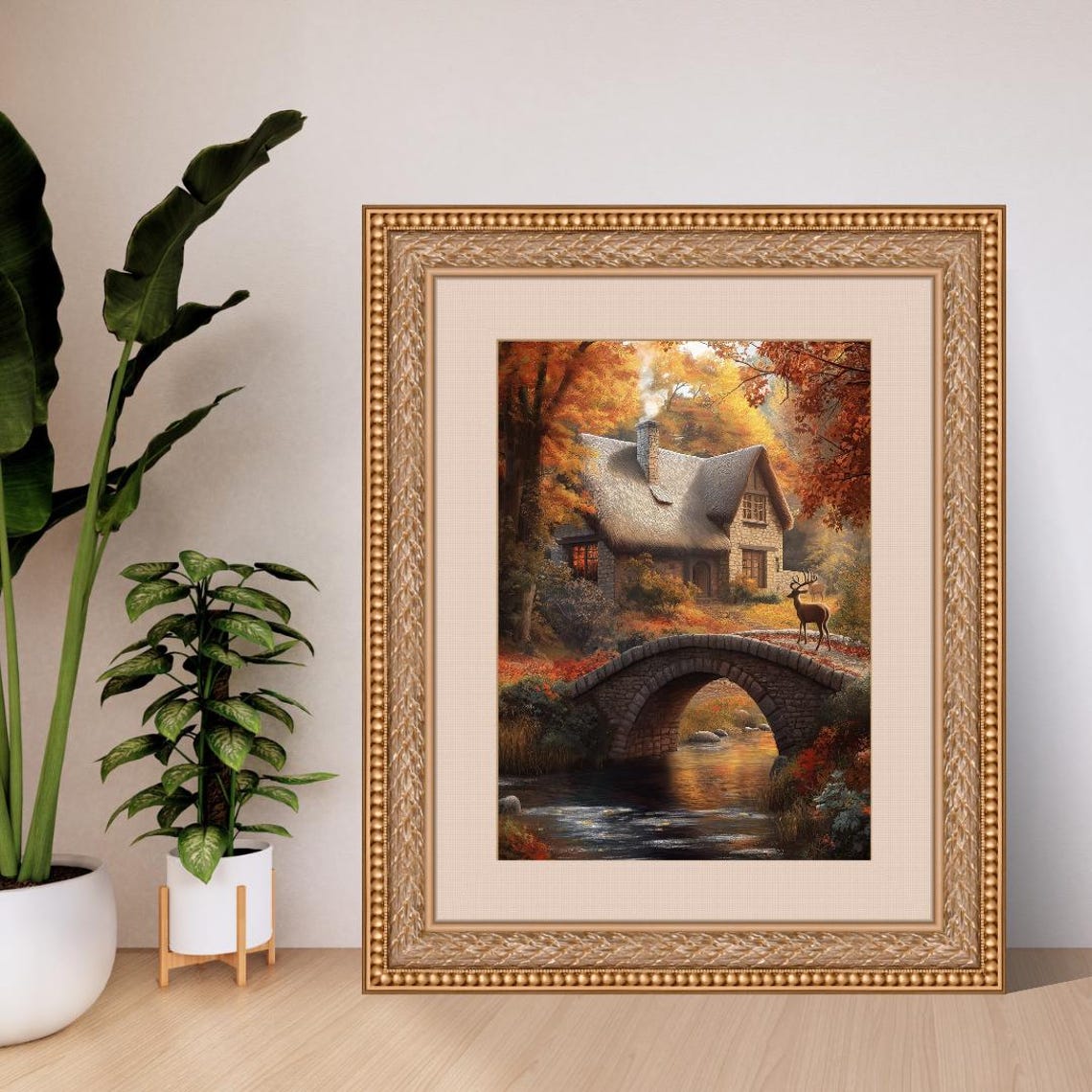 Thatched Stone Cottage By Autumn Bridge With Deer And Stream Poster - Image 4