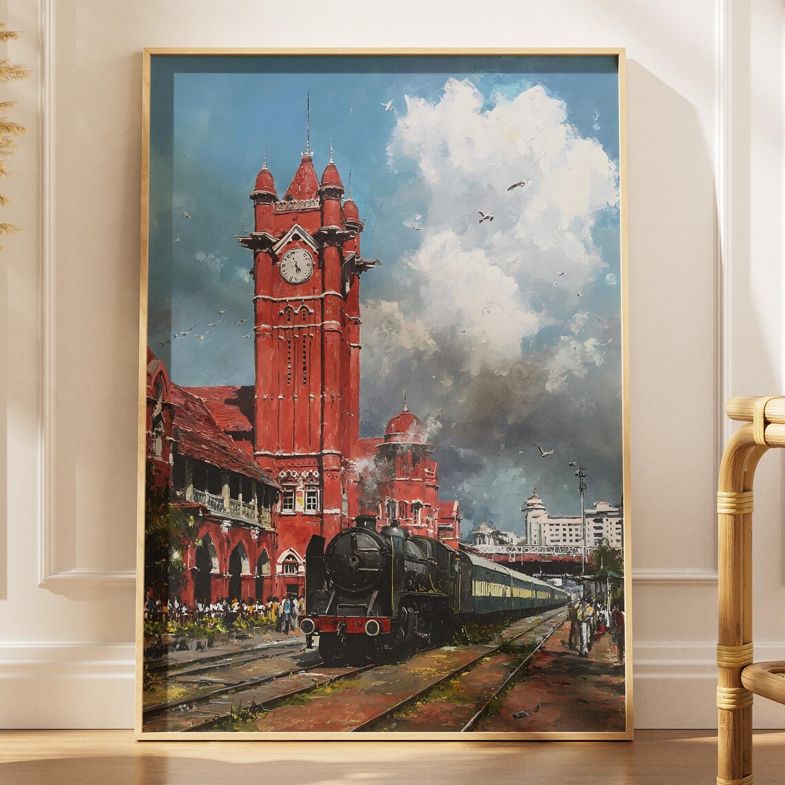 Historic Red Clock Tower Railway Station Vintage Steam Train Poster