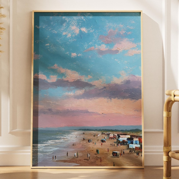 Busy Marina Beach Sunset Crowd Impressionist Oil Painting Poster