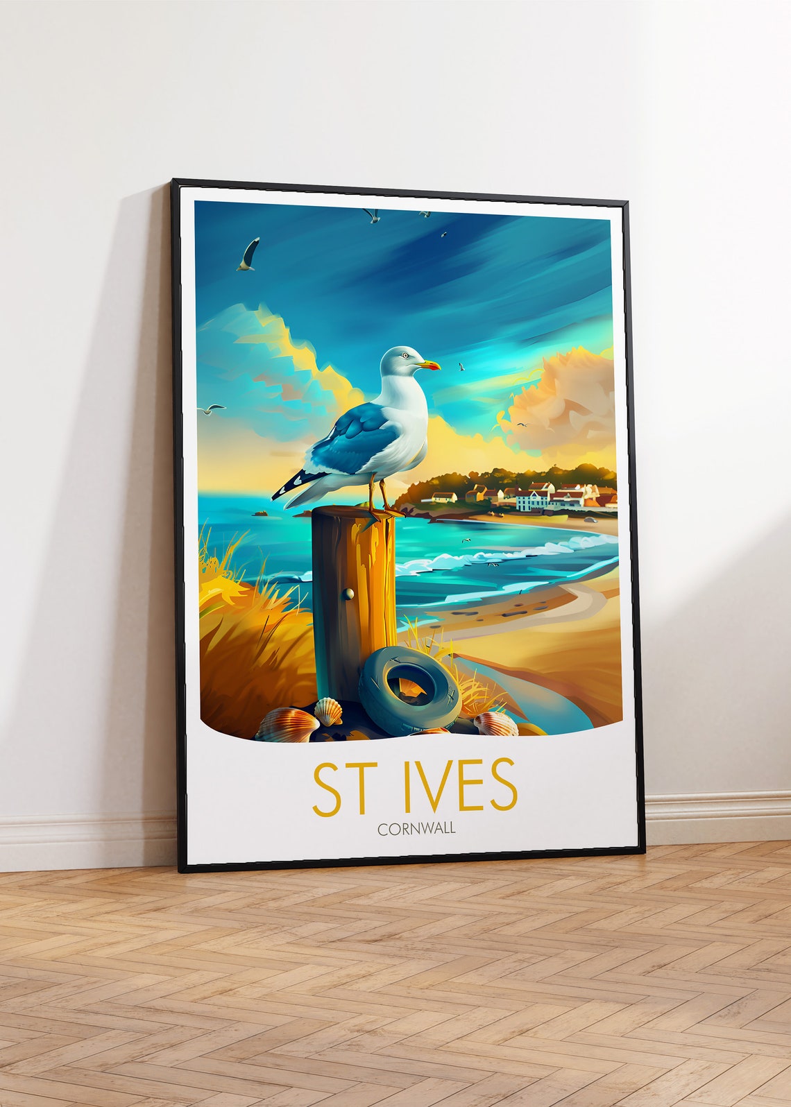 St Ives Cornwall Seagull Beach Post Golden Sunset Art Poster - Image 2
