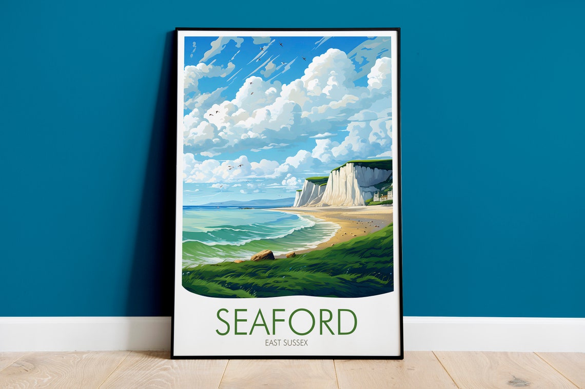 Seaford East Sussex White Chalk Cliffs Coastal Beach View Poster
