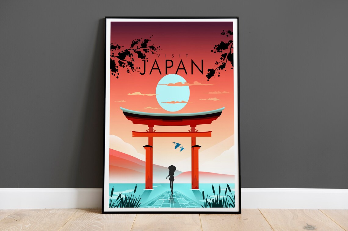 Japan Vermilion Torii Gate Sunset Moon Scene View Travel Poster