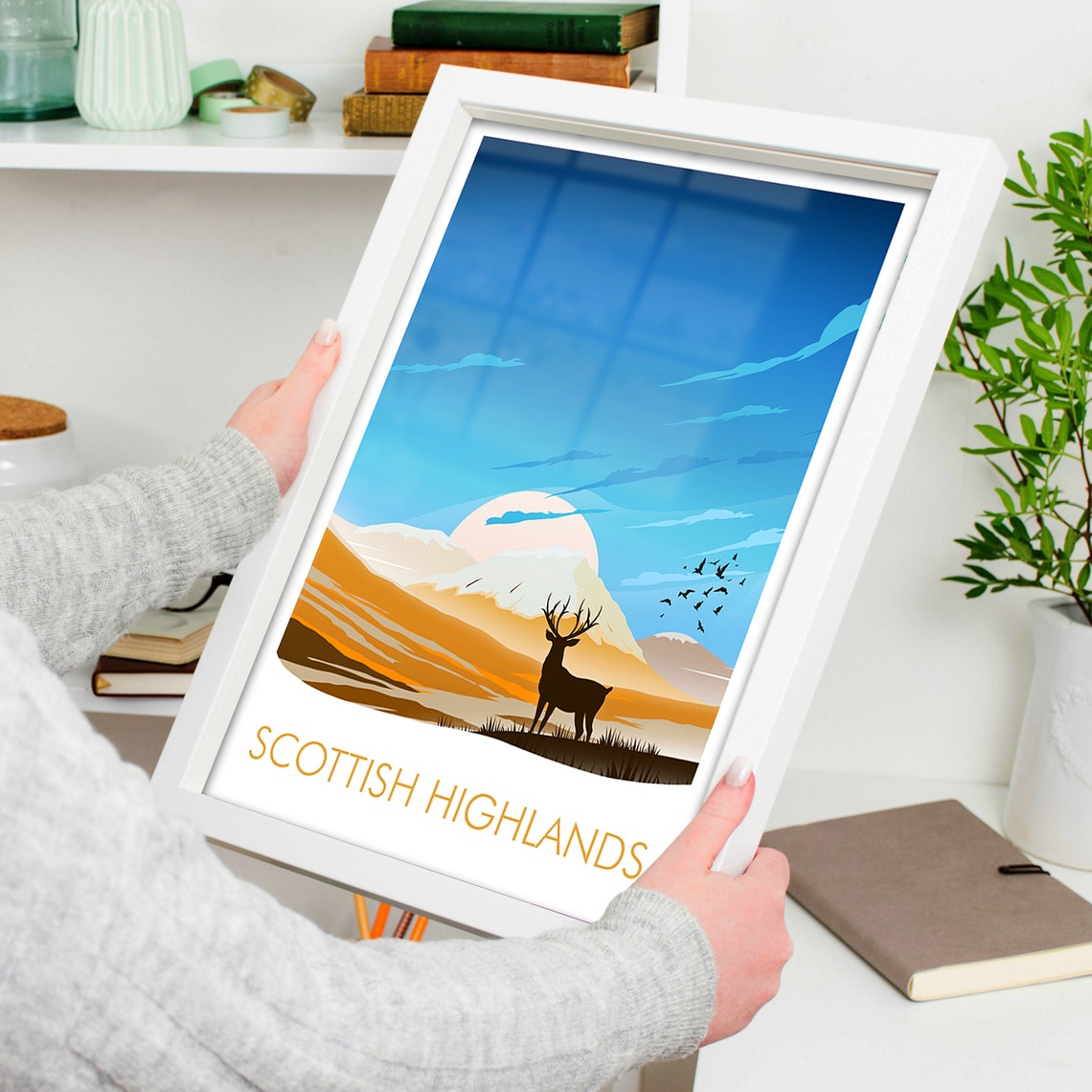 Scottish Highlands Wild Stag Silhouette Mountain Sunset Poster - Image 3