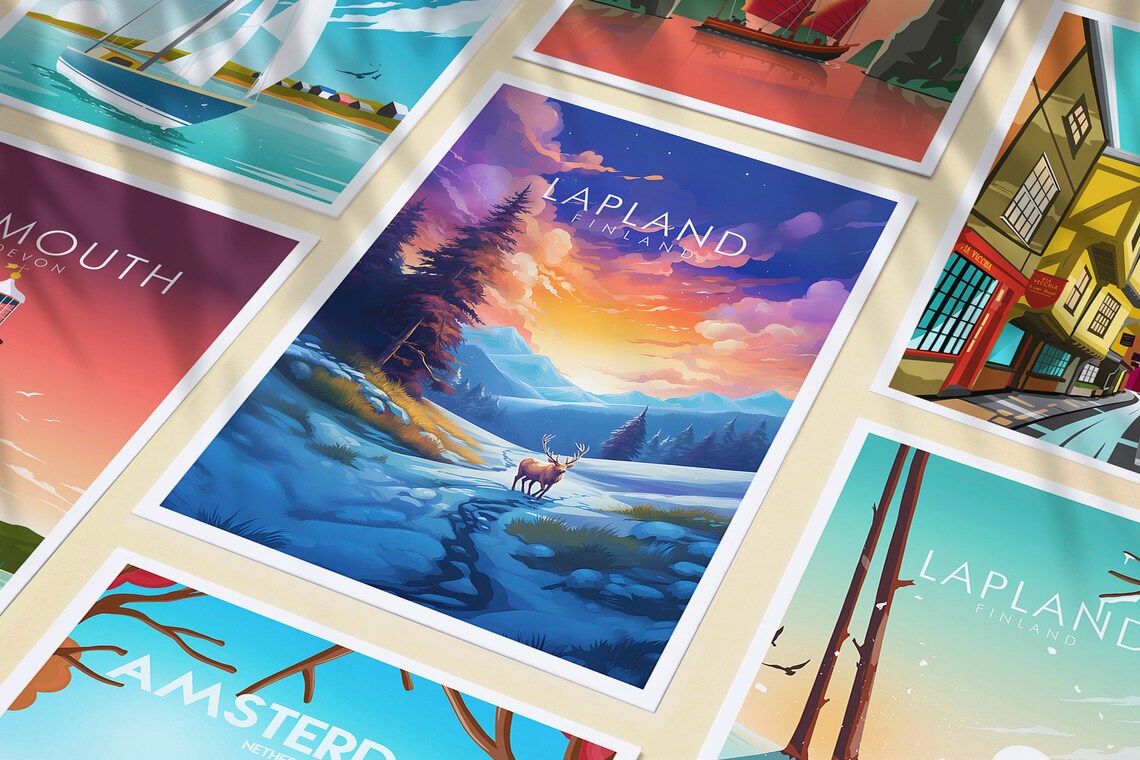 Lapland Finland Reindeer Sunset Arctic Snow Landscape Travel Poster - Image 3