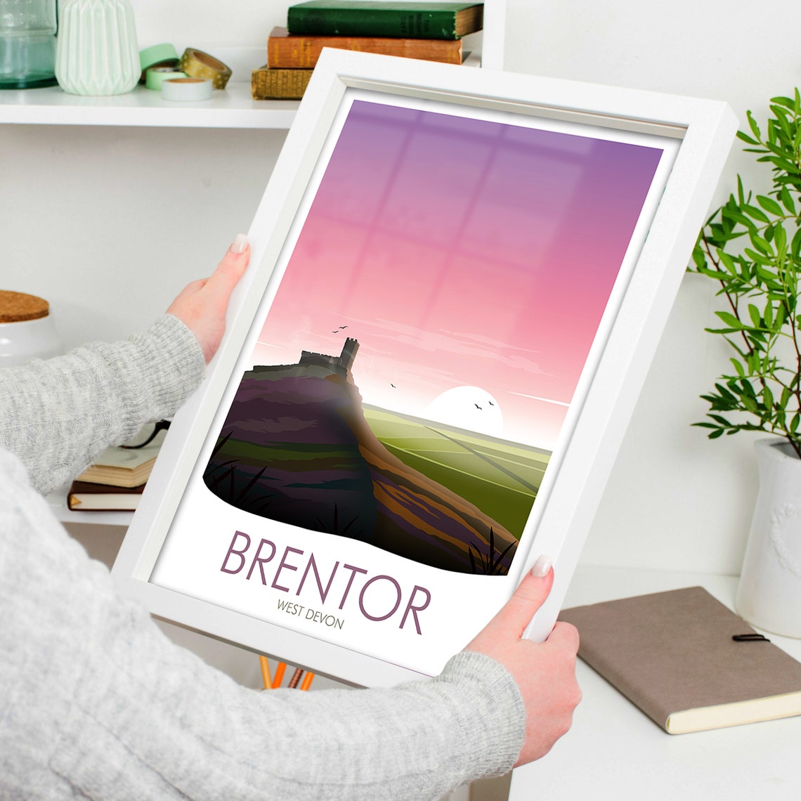 Brentor West Devon Hilltop Church Pink Sunset Sky View Poster - Image 4