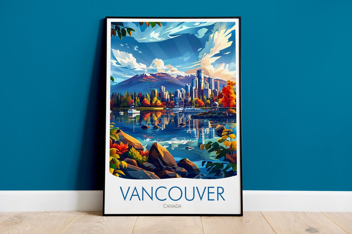 Vancouver Canada Skyline Harbor Fall Colors Mountain Travel Poster