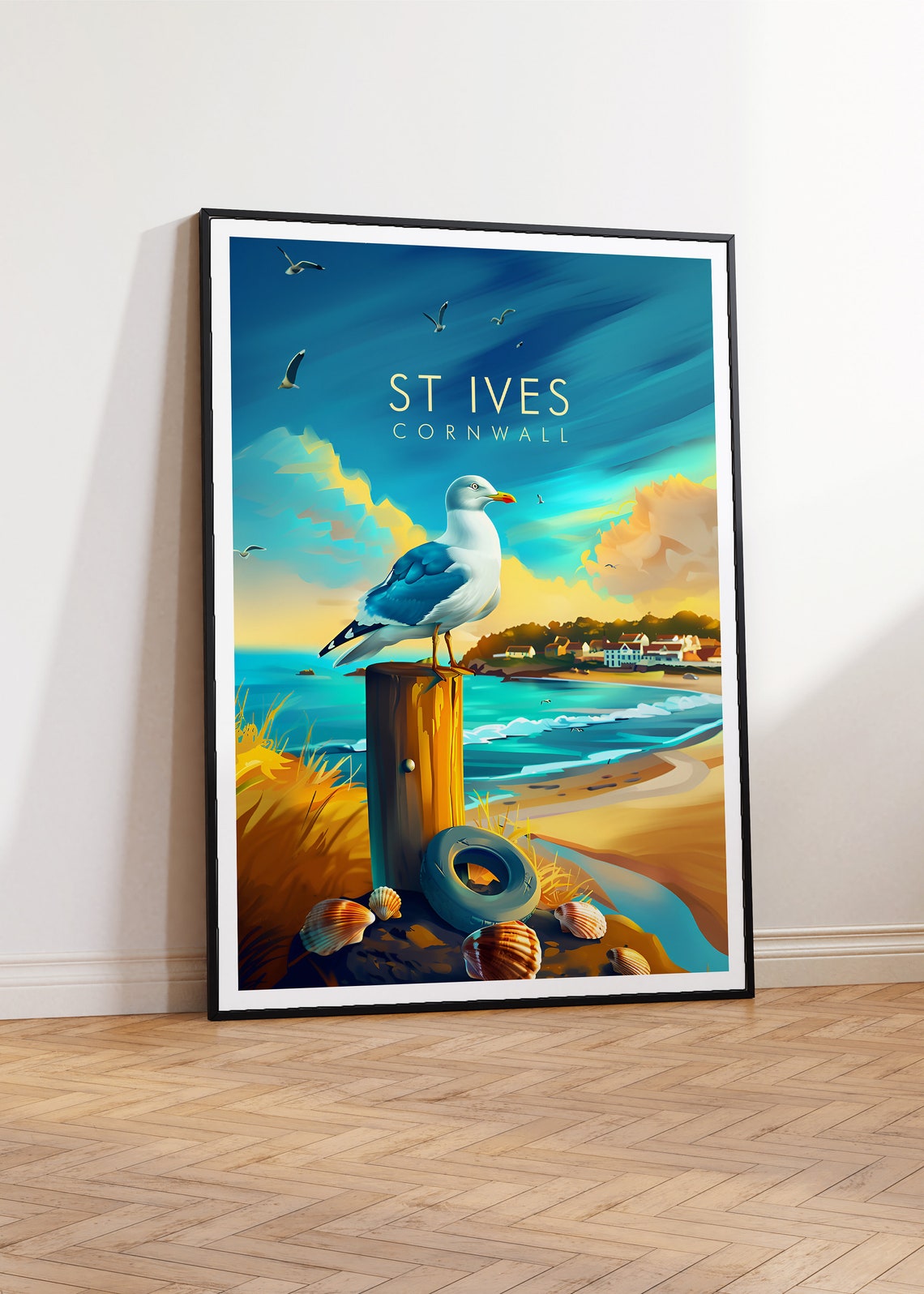 St Ives Cornwall Seagull on Post Beach Scene Coastal Art Travel Poster - Image 2