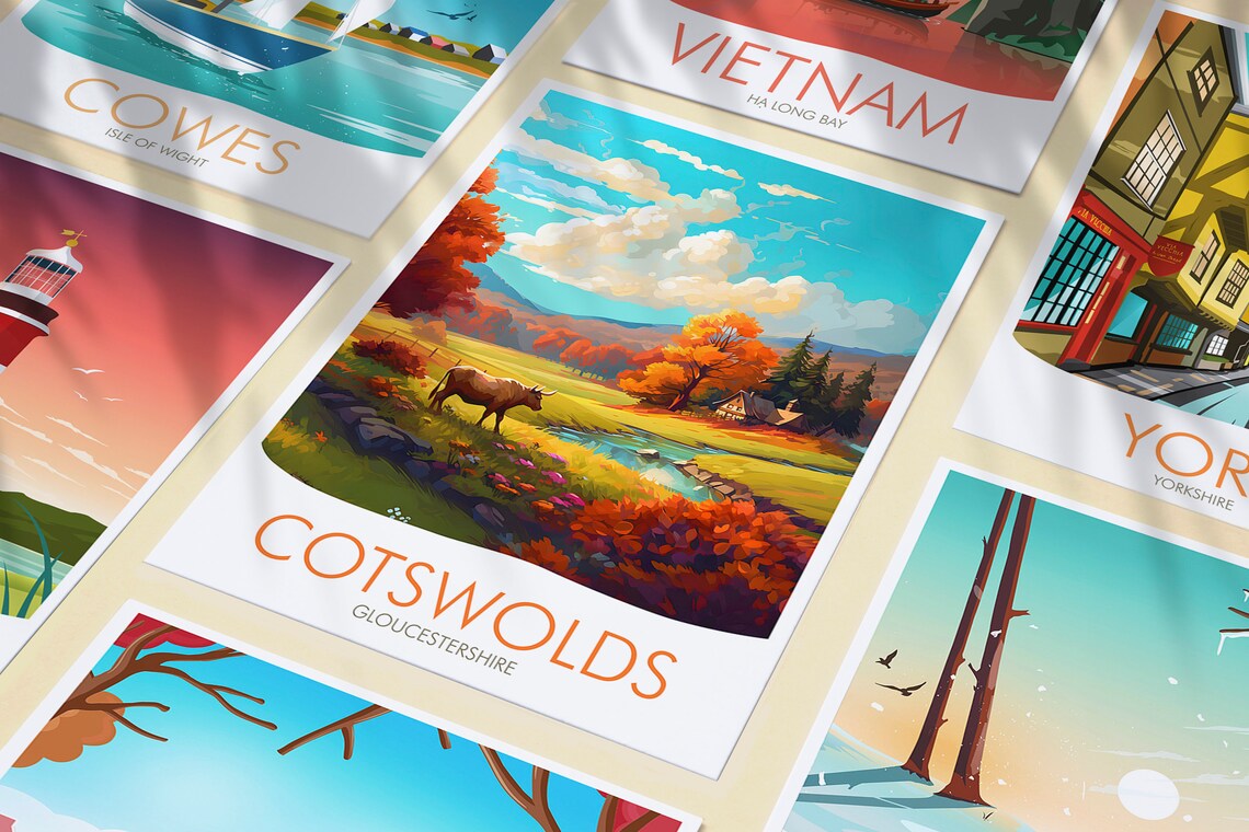 Cotswolds England Autumn Countryside Cow Stream Landscape Poster - Image 3