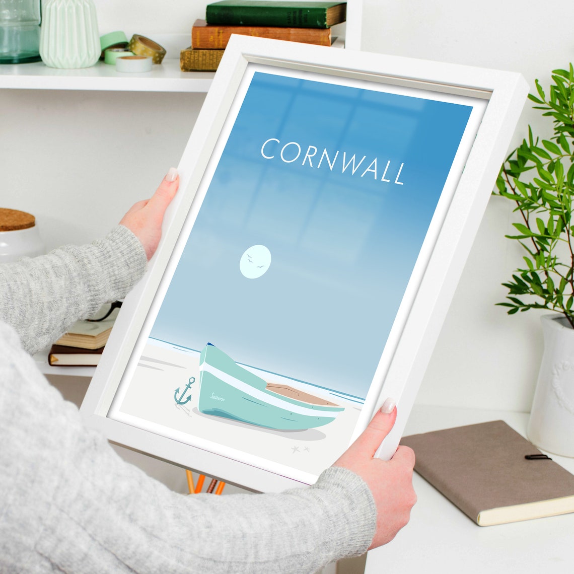 Cornwall Beach Rowing Boat and Anchor Minimalist Art View Poster - Image 4