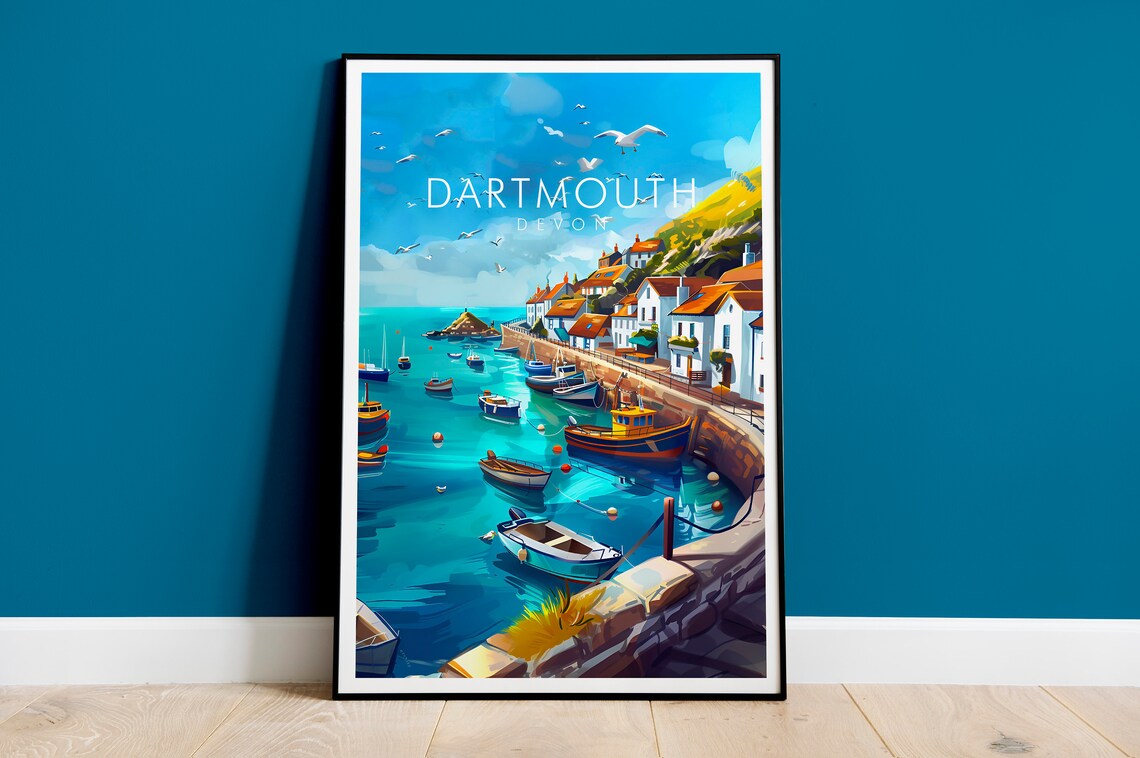 Dartmouth Devon Harbor Fishing Boats Village Seaside Coastal Poster