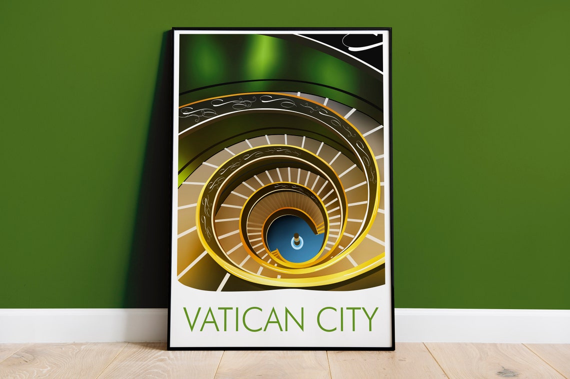 Vatican City Golden Spiral Staircase Architectural Art Landmark Poster