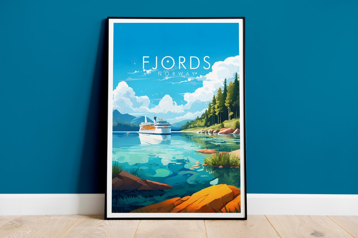 Norway Fjords Forested Shores and Cruise Ship Scene View Poster