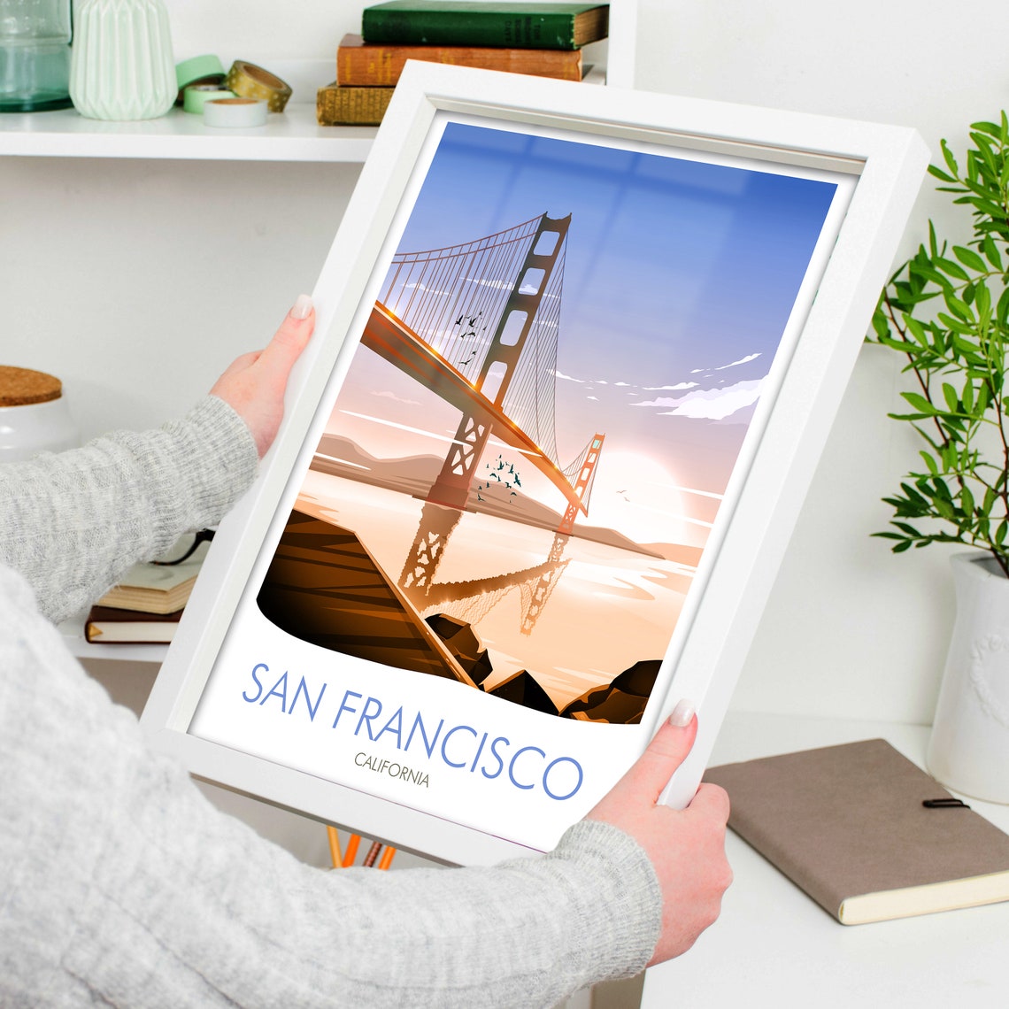 San Francisco Golden Gate Bridge Amber Sunset Scene View Poster - Image 3