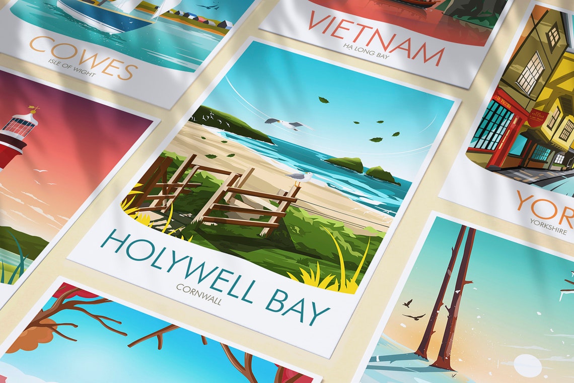 Holywell Bay Cornwall Beach Dunes Seagulls Vintage Travel Poster - Image 3