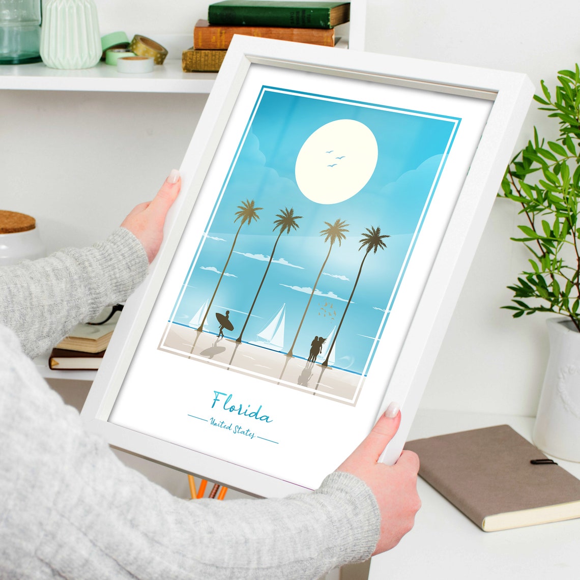 Florida Palm Trees Moonlit Beach Surfer Night Scene View Poster - Image 4