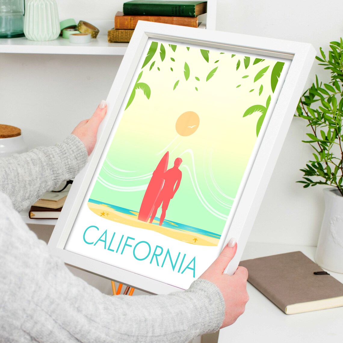 California Surfer Silhouette Golden Beach Sunset Scene Poster - Image 4
