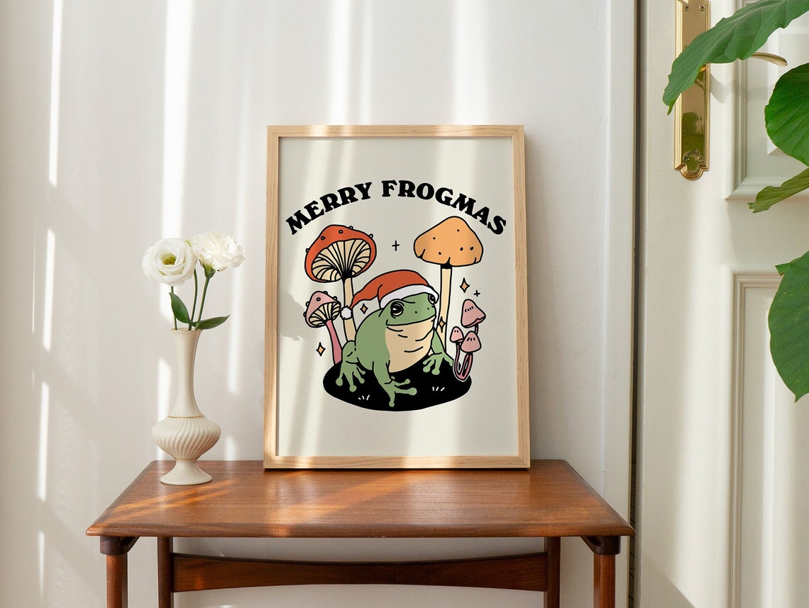 Merry Frogmas Frog Santa Hat Christmas Mushroom Vintage Poster - Image 2