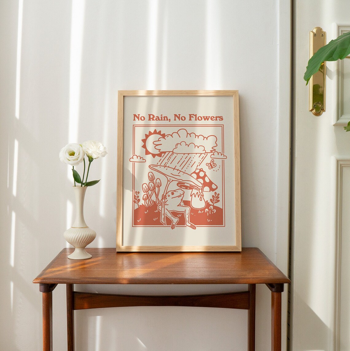 No Rain No Flowers Retro Frog Umbrella Quote Line Art Poster - Image 4