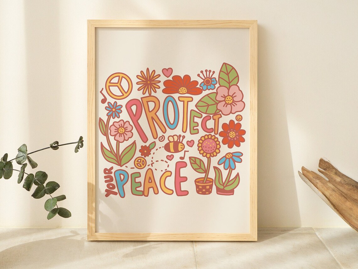 Retro Wildflower Poster, Pastel Doodles Art Print