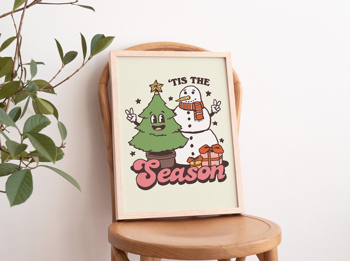 'Tis The Season Groovy Christmas Tree Snowman Gifts Holiday Poster - Image 3