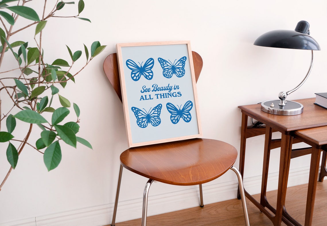 See Beauty in All Things Blue Butterflies Minimalist Quote Poster - Image 3