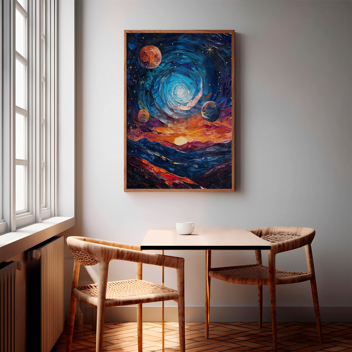 Blue Vortex Galaxy Three Planets Sunset Horizon Impasto Art Poster - Image 3