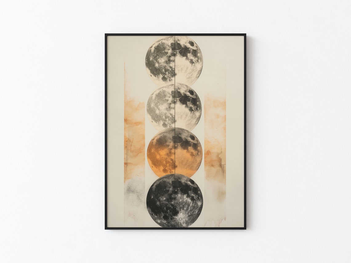 Stacked Full Moons Orange Gray Seam Line Watercolor Wall Art