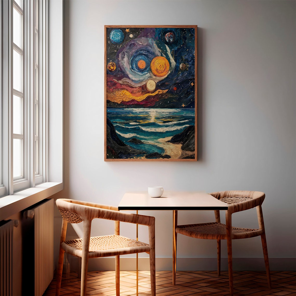 Starry Night Beach Twin Spiral Moons Impasto Coastal Art Poster - Image 2