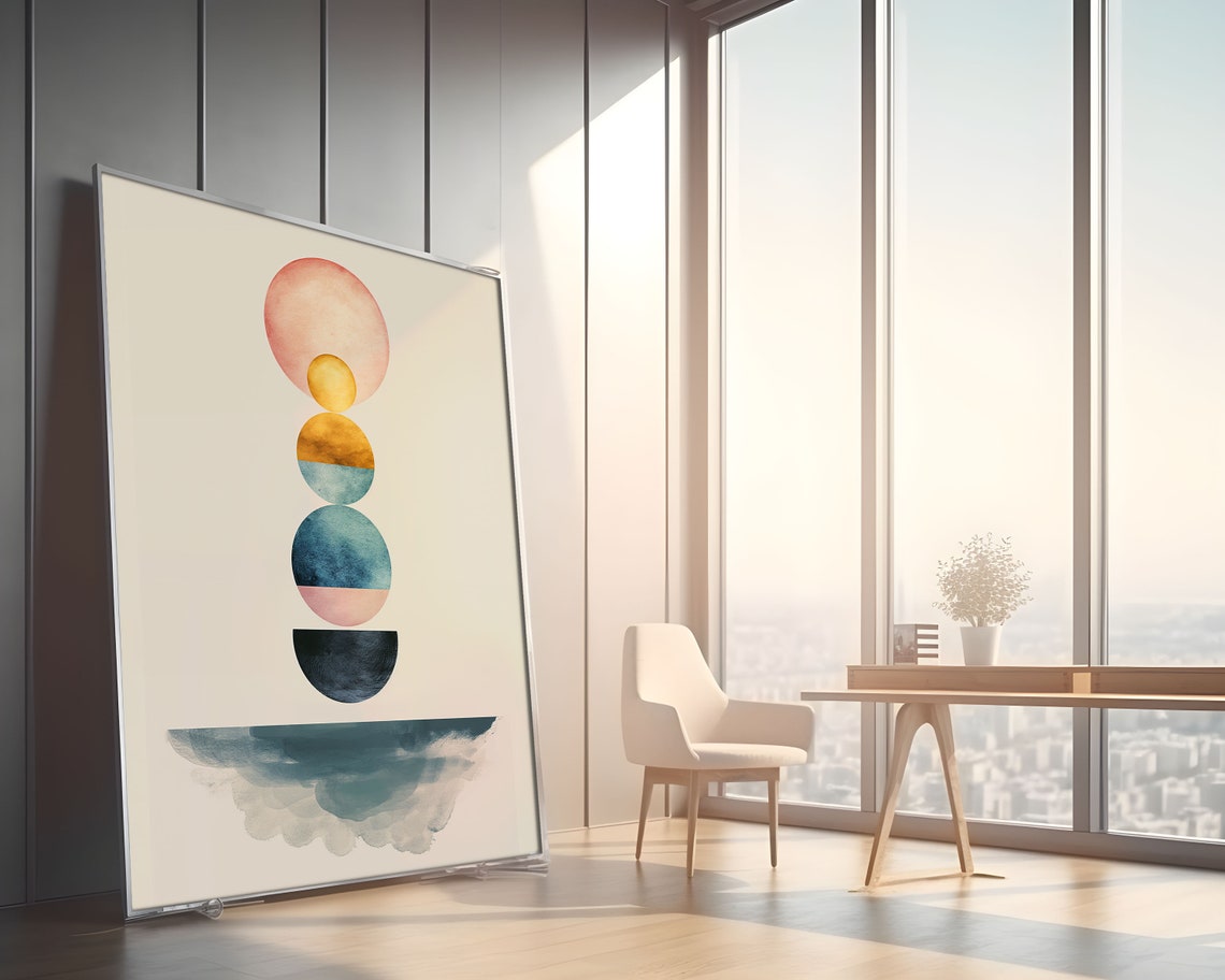 Abstract Stacked Sunrise Semicircle Navy Horizon Watercolor Wall Art - Image 2