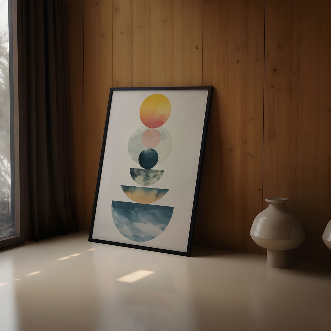 Sun Over Moon Sunset Half Circle Horizon Watercolor Wall Art - Image 2