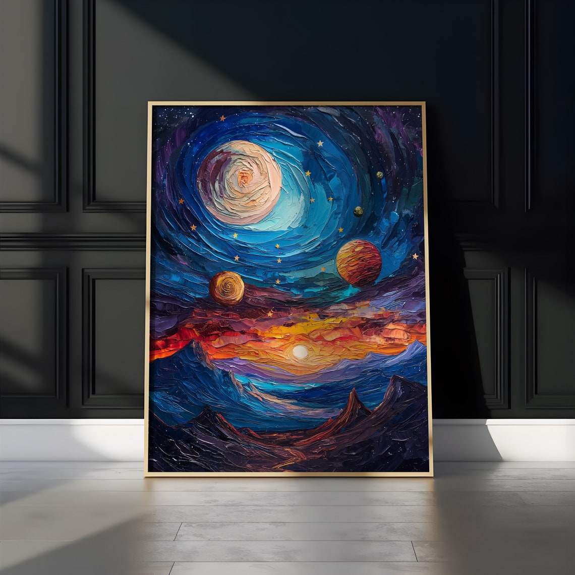 Blue Spiral Galaxy Three Planets Sunset Mountains Impasto Poster - Image 2